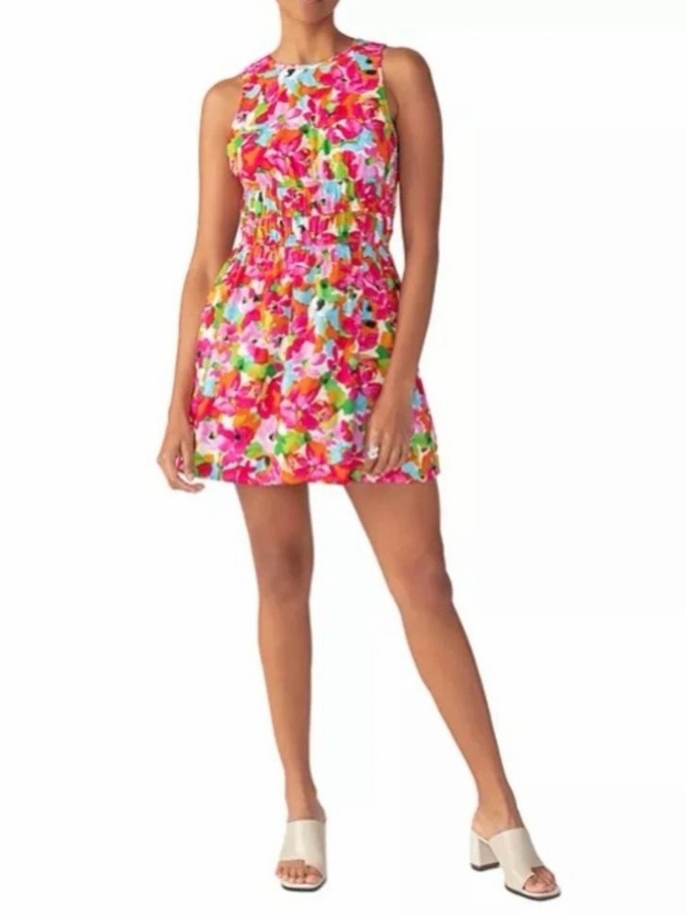 Sanctuary White Floral Sleeveless Round Neck Mini Fit + Flare Dress L